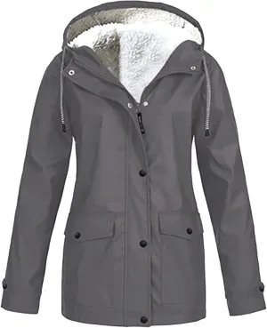 Women's Raincoats Plus Size Fleece-Lined Jacket Waterproof Winter Ski Jacket Outdoor Hooded Hiking Coats Windbreaker