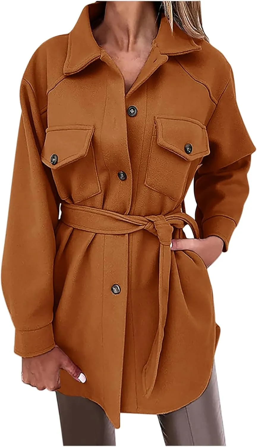 Women's Trench Coats Wool Blend Coat Fashion Button Down Peacoat with Belted Casual Fall Winter Jacket Mid-Long Outfit