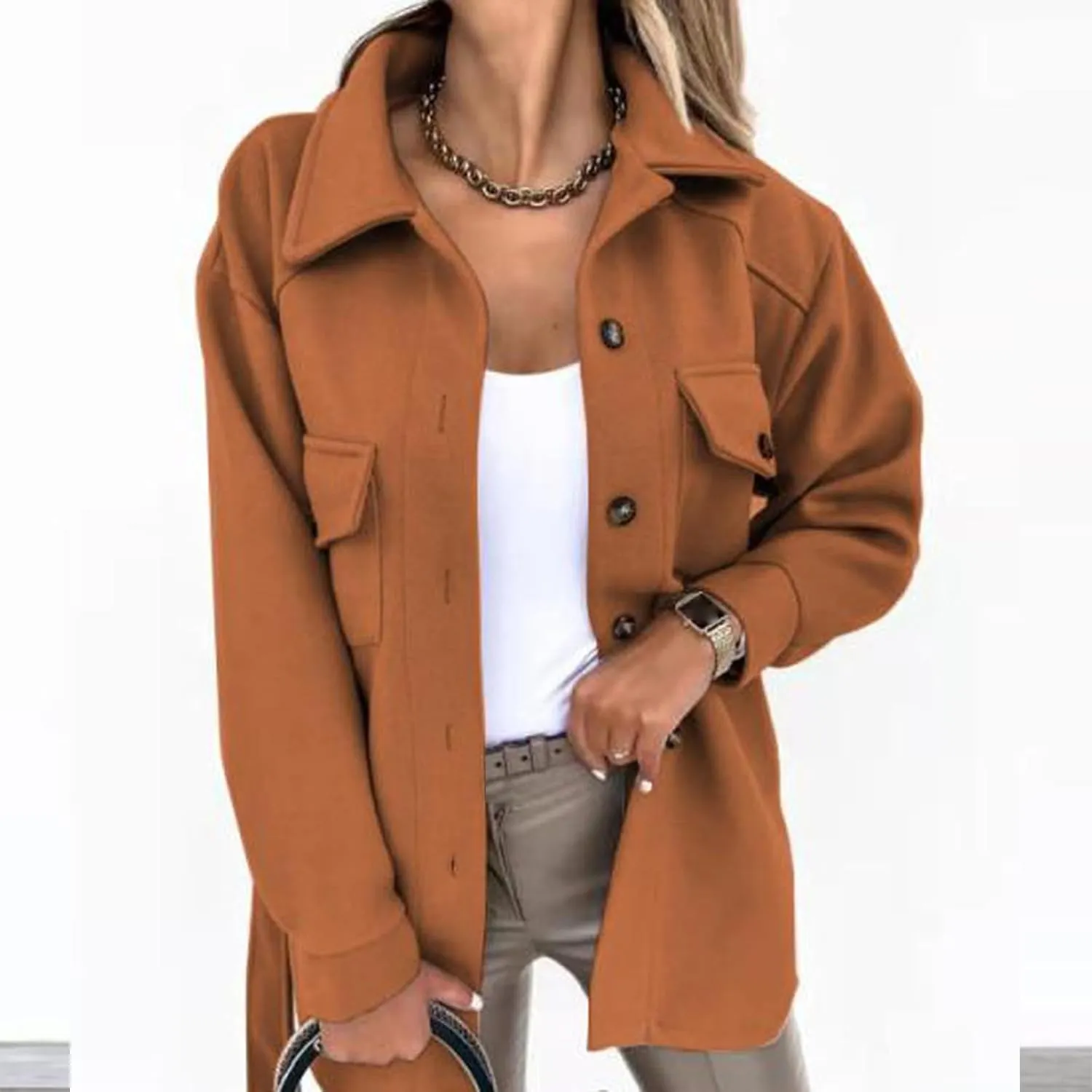 Women's Trench Coats Wool Blend Coat Fashion Button Down Peacoat with Belted Casual Fall Winter Jacket Mid-Long Outfit