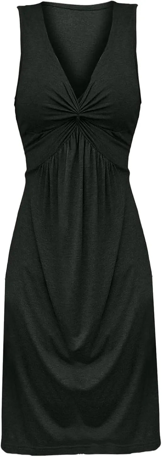 Women's V Neck Front Knotted Dresses Summer Sleeveless A Line Sundress Beach Party Vacasion Dress Outfits