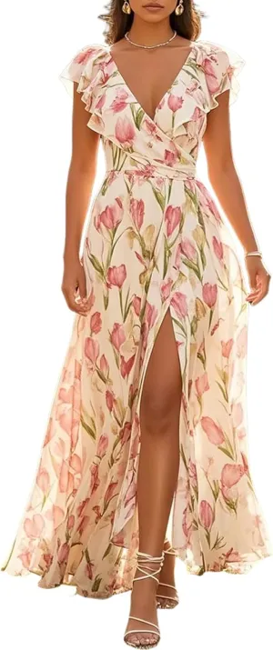 Women's V Neck Maxi Dress Romantic Pink Floral Print Sleeveless High Slit Sexy Flowy A Line Wedding Guest Long Dress