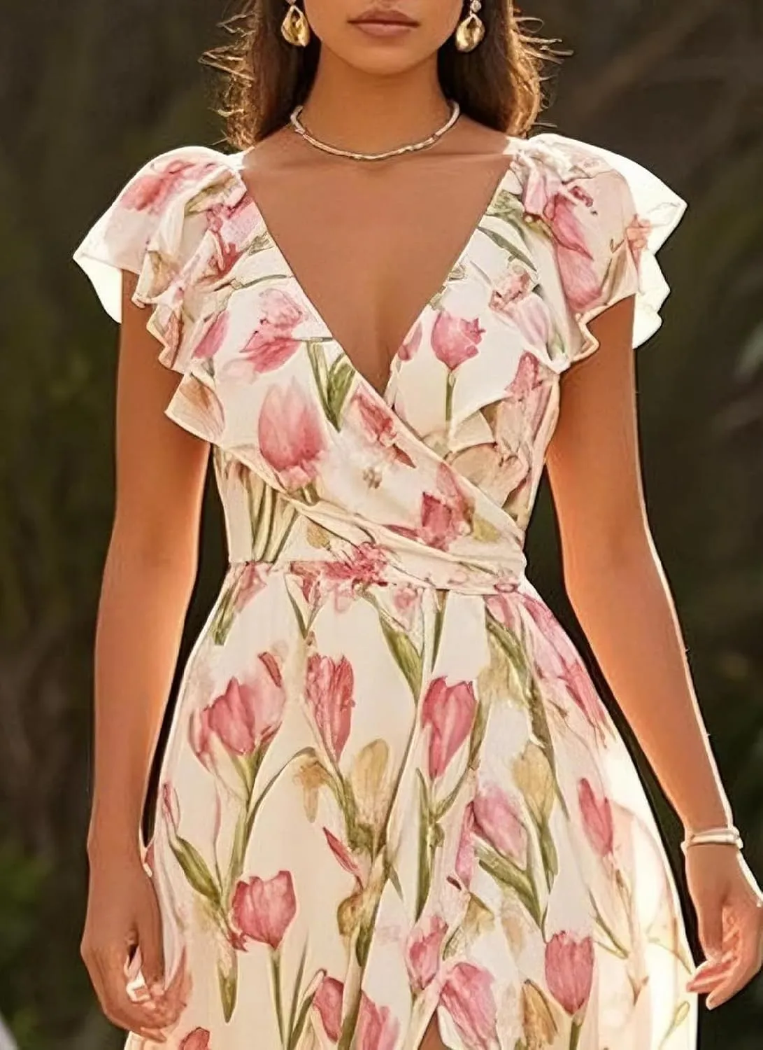 Women's V Neck Maxi Dress Romantic Pink Floral Print Sleeveless High Slit Sexy Flowy A Line Wedding Guest Long Dress