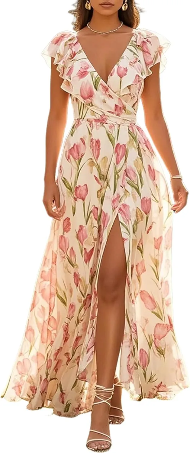 Women's V Neck Maxi Dress Romantic Pink Floral Print Sleeveless High Slit Sexy Flowy A Line Wedding Guest Long Dress
