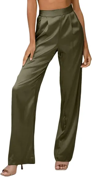 Women's Wide Leg Pants High Waisted Work Dress Pants Loose Fit Back Elastic Waist Business Casual Trousers Office Trousers