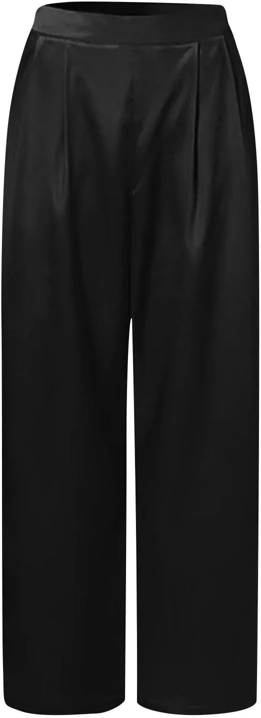 Women's Wide Leg Pants High Waisted Work Dress Pants Loose Fit Back Elastic Waist Business Casual Trousers Office Trousers