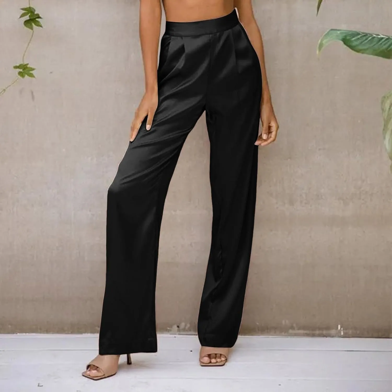 Women's Wide Leg Pants High Waisted Work Dress Pants Loose Fit Back Elastic Waist Business Casual Trousers Office Trousers