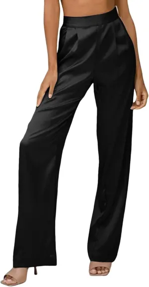 Women's Wide Leg Pants High Waisted Work Dress Pants Loose Fit Back Elastic Waist Business Casual Trousers Office Trousers
