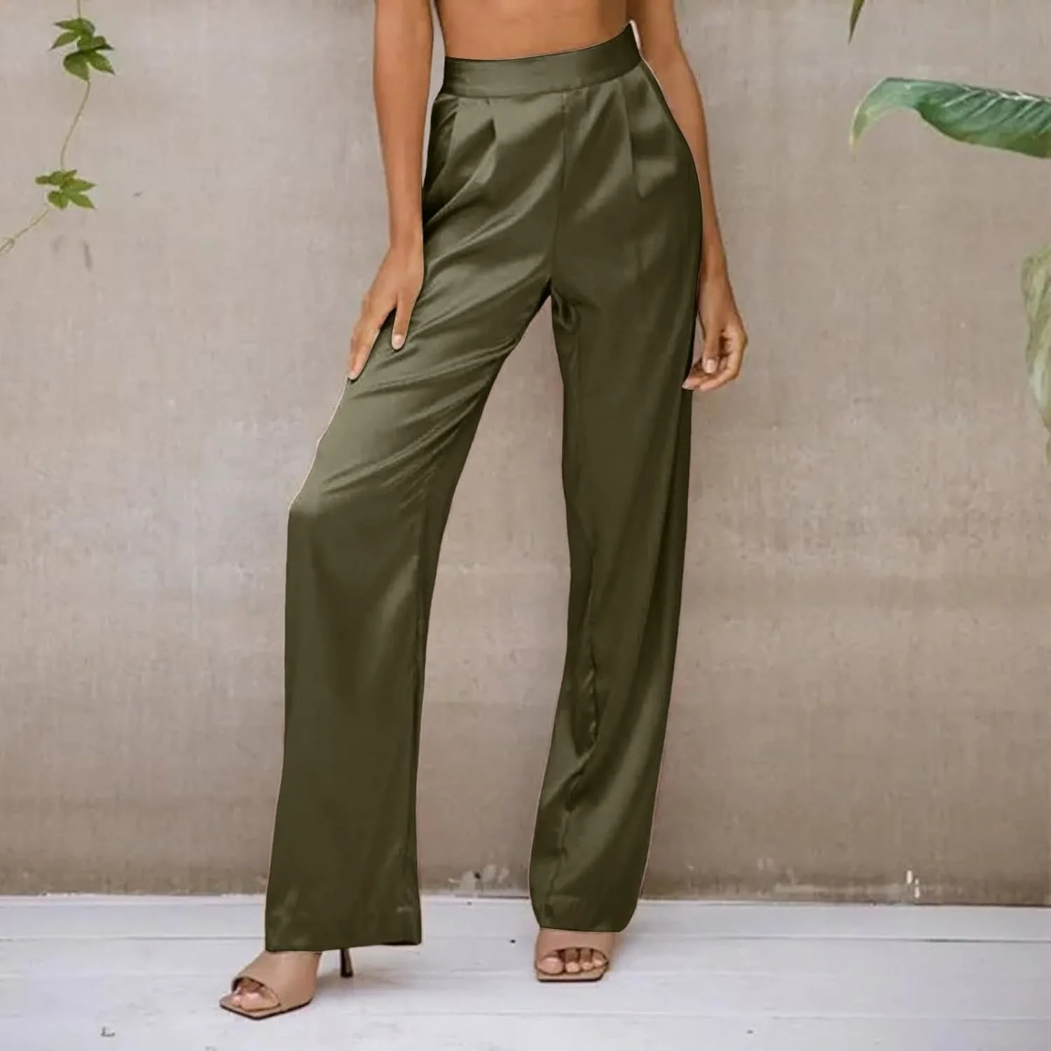 Women's Wide Leg Pants High Waisted Work Dress Pants Loose Fit Back Elastic Waist Business Casual Trousers Office Trousers