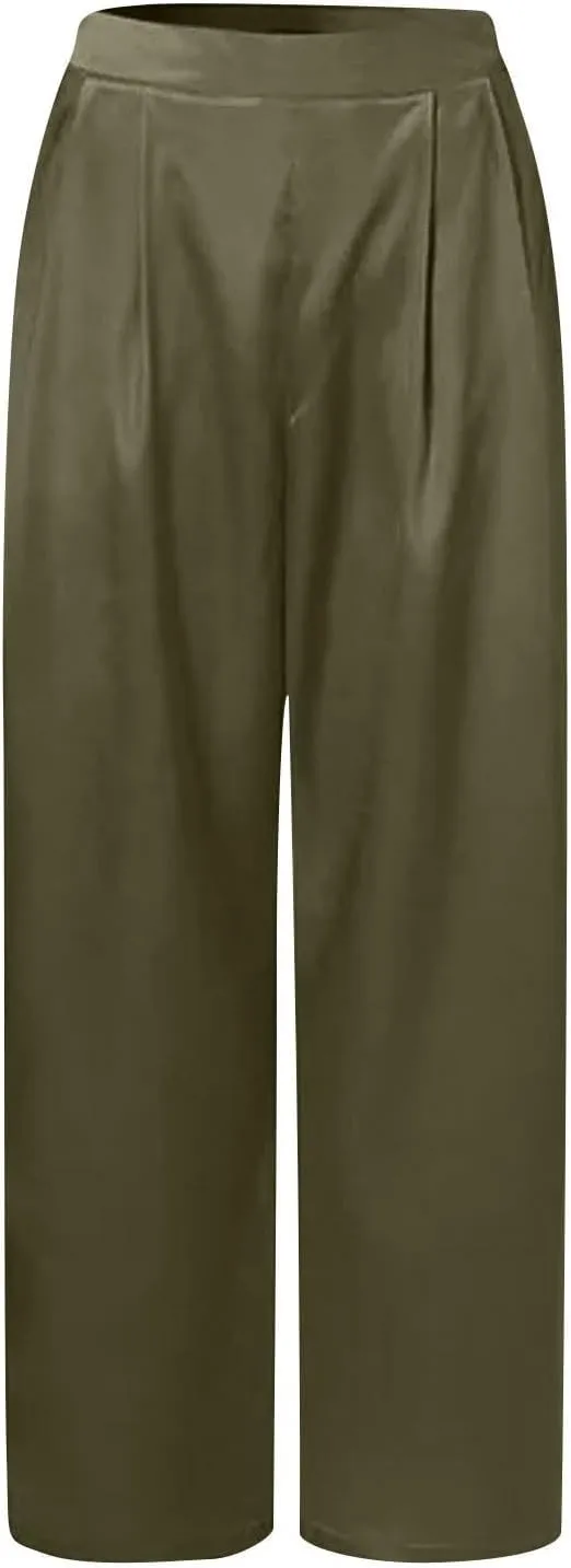 Women's Wide Leg Pants High Waisted Work Dress Pants Loose Fit Back Elastic Waist Business Casual Trousers Office Trousers