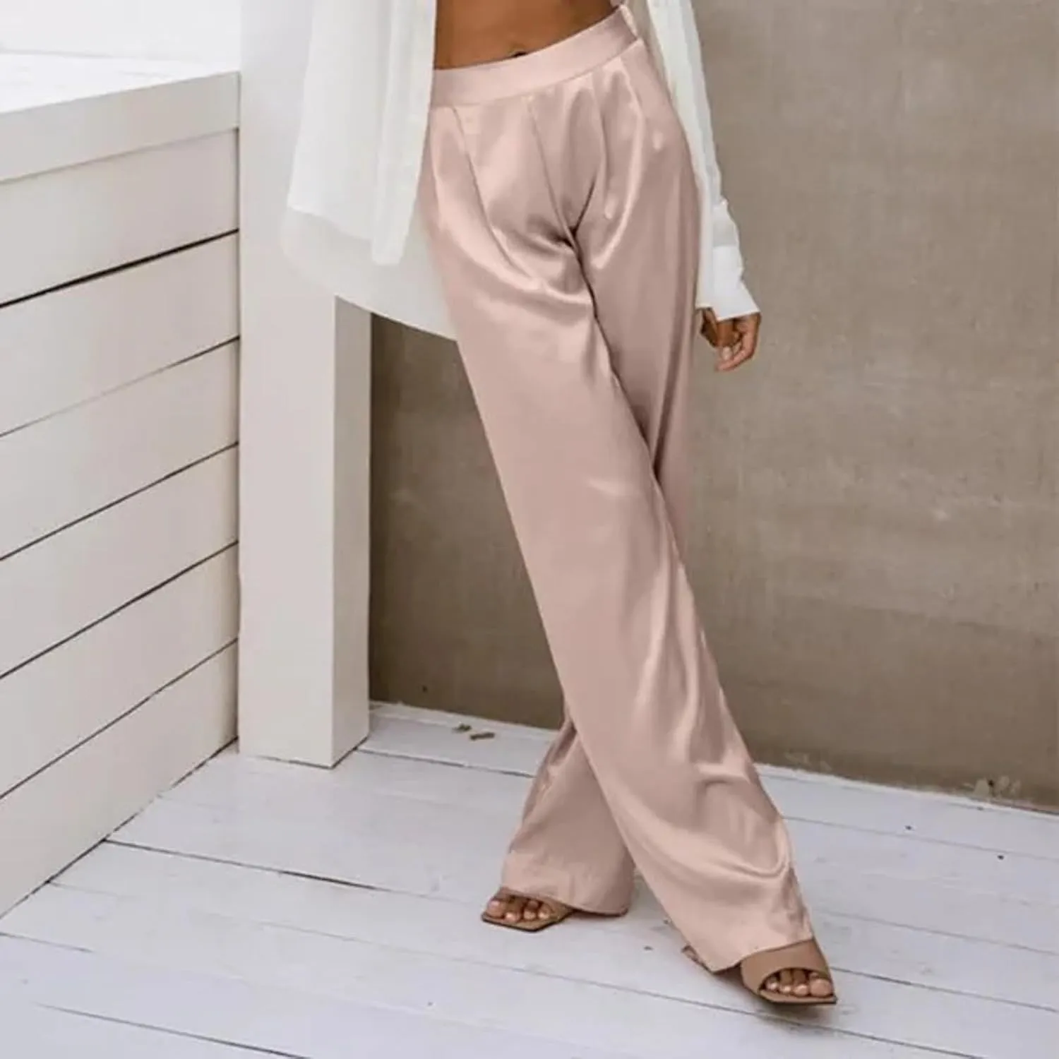 Women's Wide Leg Pants High Waisted Work Dress Pants Loose Fit Back Elastic Waist Business Casual Trousers Office Trousers