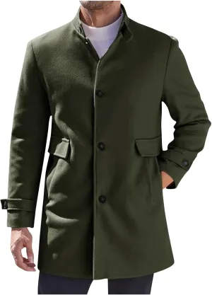 XUNRYAN Mens Classic Trench Coat Wool-Blend Peacoat Slim Fit Single Breasted Overcoat Warm Cardigan Jacket Outwear Pockets