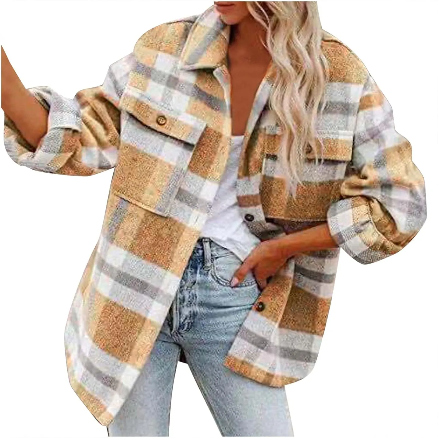 XUNRYAN Womens Wool-Blend Shacket Jacket Long Sleeve Plaid Winter Fall Trench Coat Casual Outwear 2024 Fashion Clothes