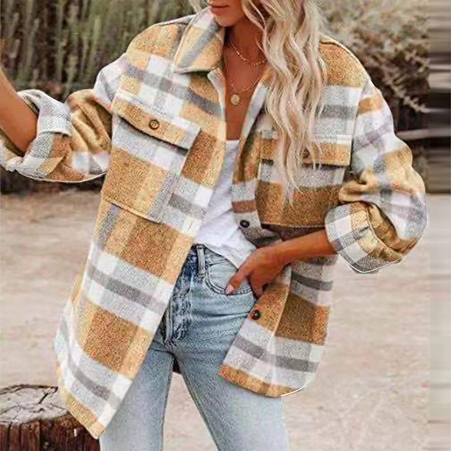 XUNRYAN Womens Wool-Blend Shacket Jacket Long Sleeve Plaid Winter Fall Trench Coat Casual Outwear 2024 Fashion Clothes