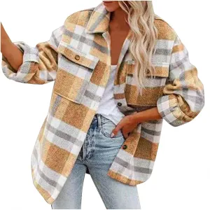XUNRYAN Womens Wool-Blend Shacket Jacket Long Sleeve Plaid Winter Fall Trench Coat Casual Outwear 2024 Fashion Clothes