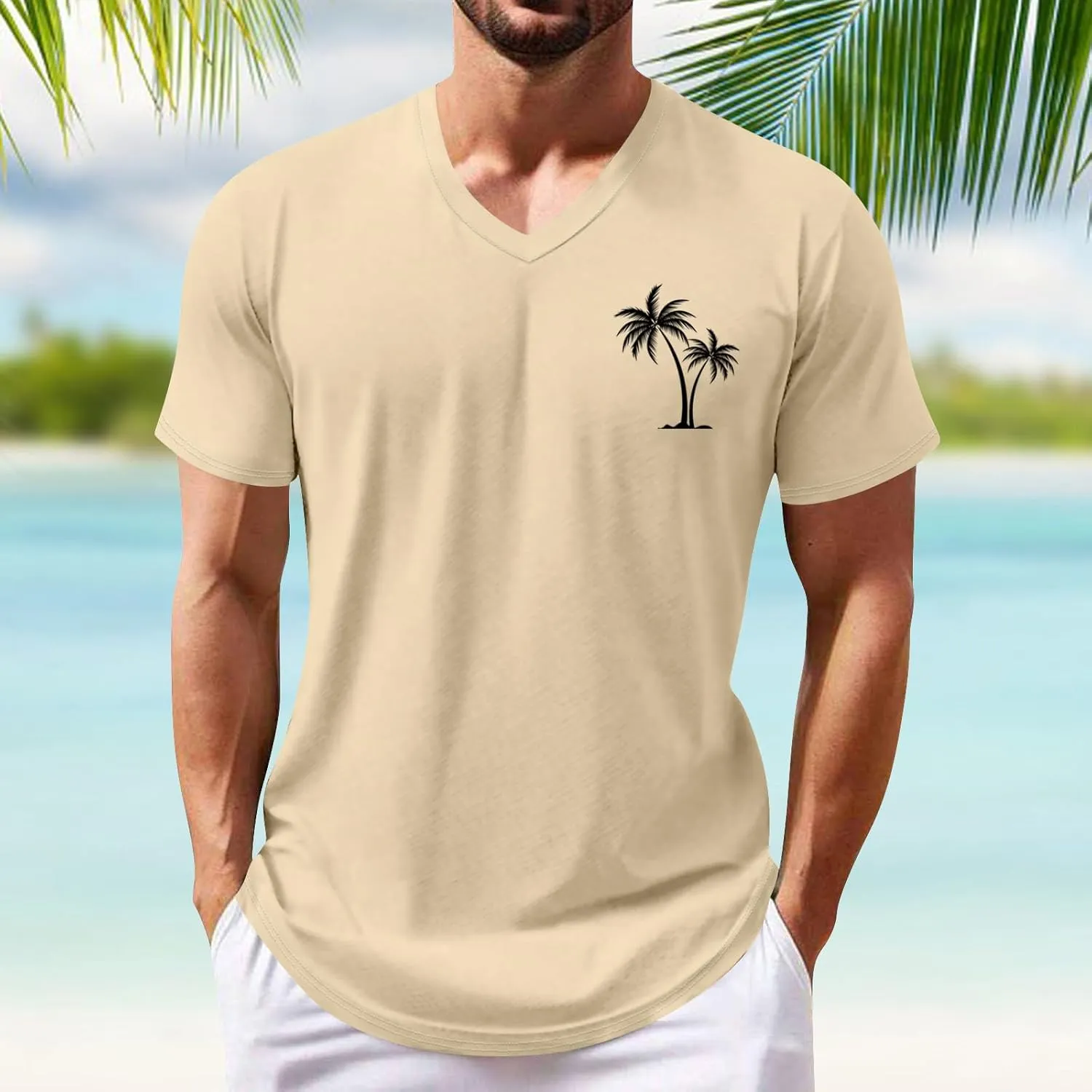 Ymosrh Men's Summer Beach Tee Shirts Short Sleeve Palm Tree T-Shirts Casual V Neck Tee Top Undershirts, S-3XL
