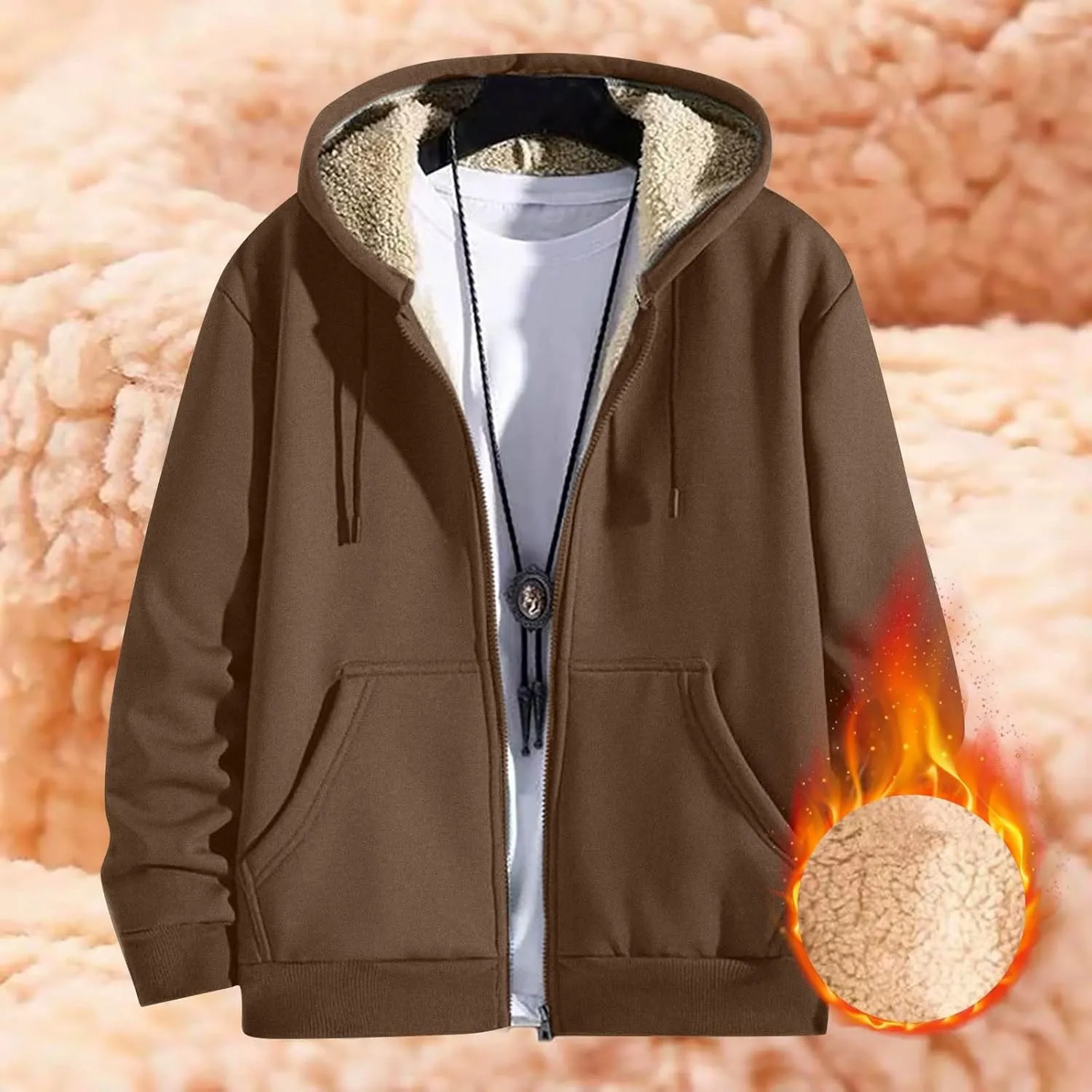 Zip Up Hoodie Men Relaxed Fit Plus Size Fleece Jacket Warm Heavyweight Sherpa Lined Hoodie Winter Coats with Pockets