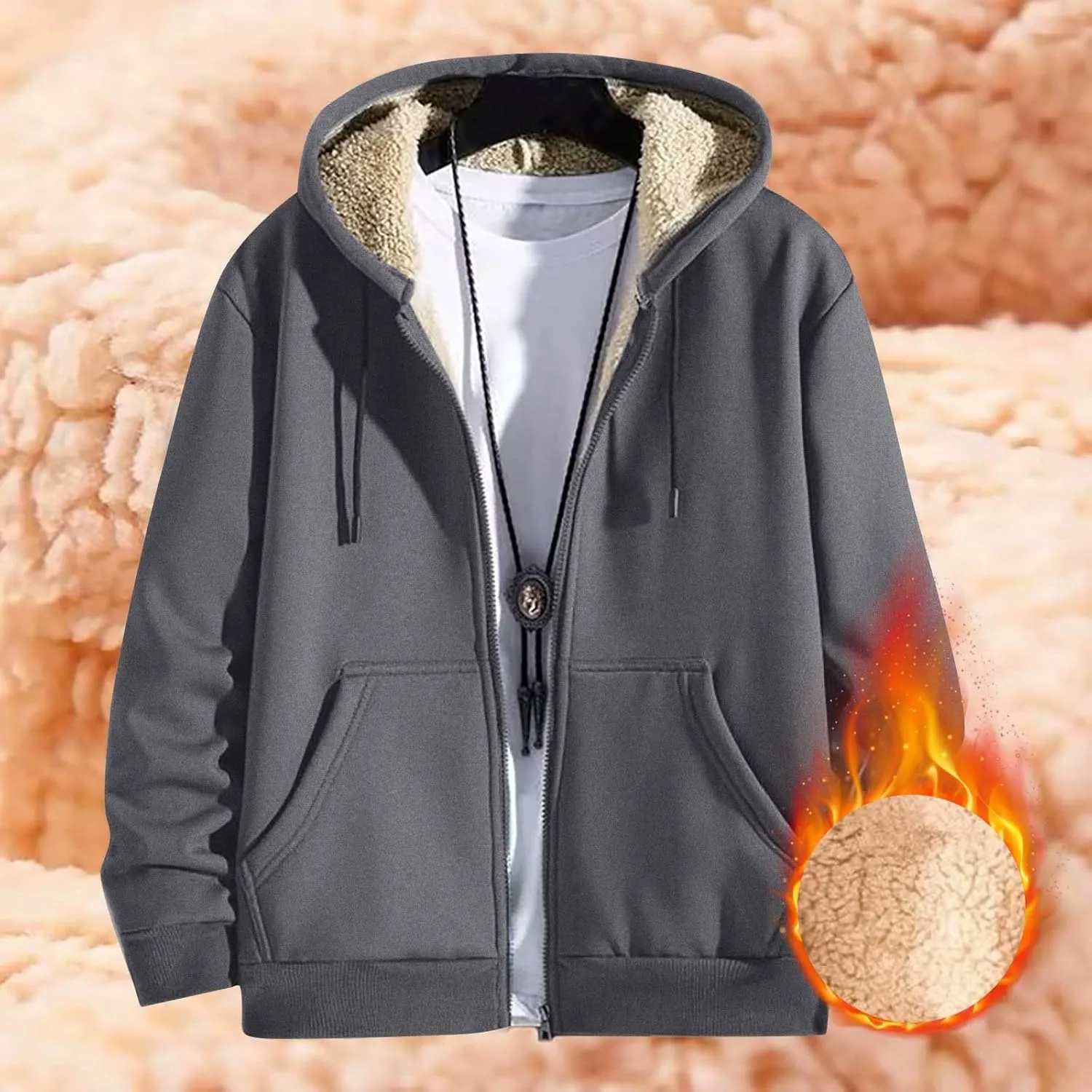 Zip Up Hoodie Men Relaxed Fit Plus Size Fleece Jacket Warm Heavyweight Sherpa Lined Hoodie Winter Coats with Pockets