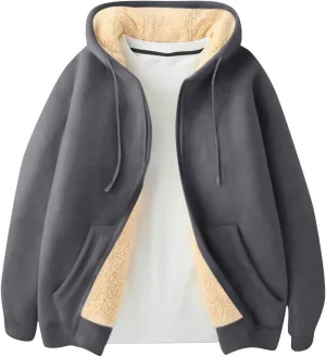 Zip Up Hoodie Men Relaxed Fit Plus Size Fleece Jacket Warm Heavyweight Sherpa Lined Hoodie Winter Coats with Pockets