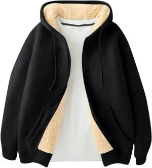 Zip Up Hoodie Men Relaxed Fit Plus Size Fleece Jacket Warm Heavyweight Sherpa Lined Hoodie Winter Coats with Pockets