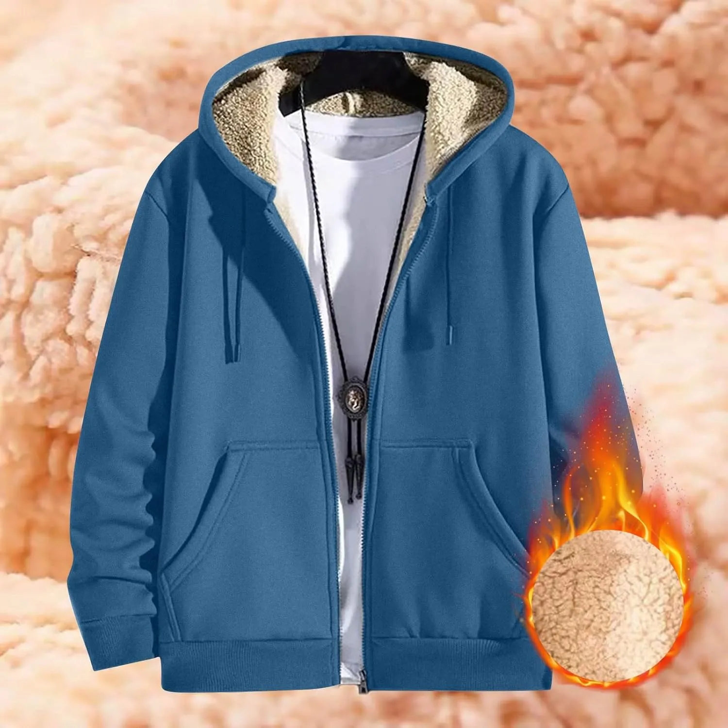 Zip Up Hoodie Men Relaxed Fit Plus Size Fleece Jacket Warm Heavyweight Sherpa Lined Hoodie Winter Coats with Pockets