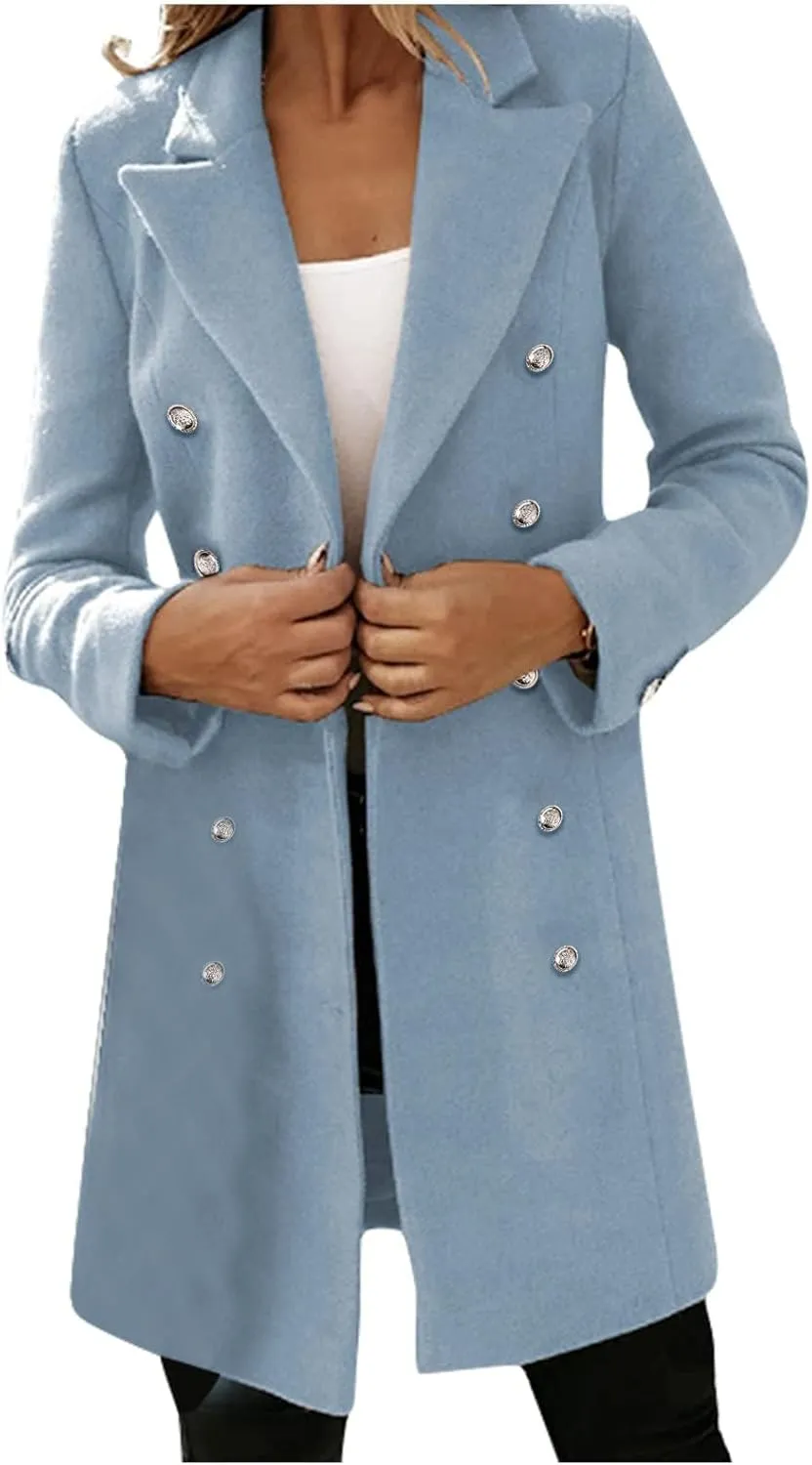 ZWRXW Women's Wool Blend Peacoat Double Breasted Midi Trench Coat Notched Lapel Slim Fit Jackets Trendy Fall Overcoat Outwear
