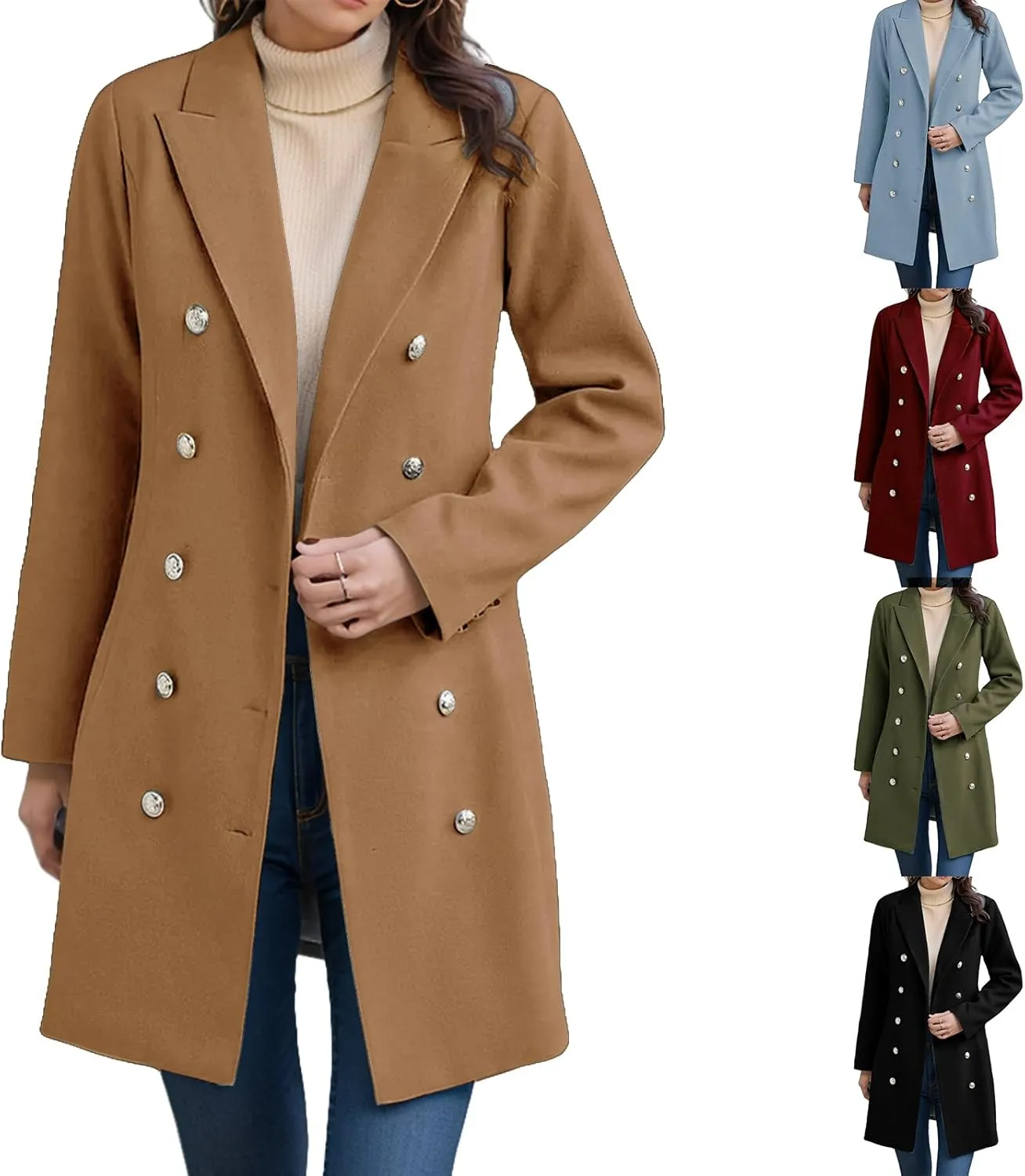 ZWRXW Women's Wool Blend Peacoat Double Breasted Midi Trench Coat Notched Lapel Slim Fit Jackets Trendy Fall Overcoat Outwear