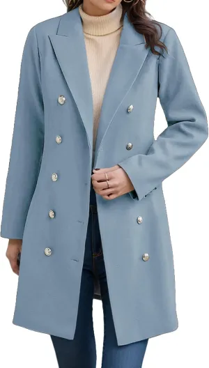 ZWRXW Women's Wool Blend Peacoat Double Breasted Midi Trench Coat Notched Lapel Slim Fit Jackets Trendy Fall Overcoat Outwear