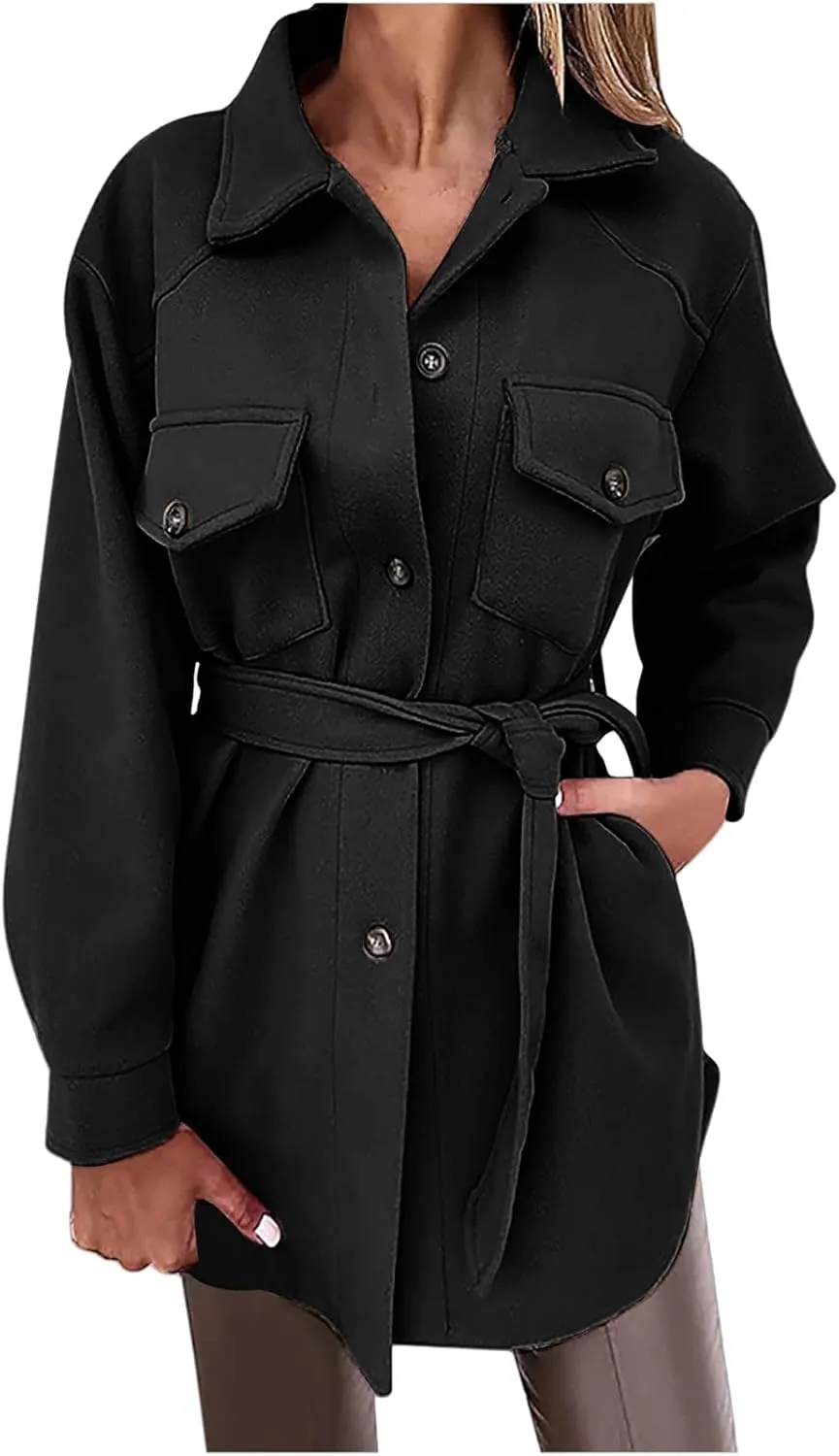 ZWRXW Women's Wool Blend Trench Coat Button Down Long Sleeve Belted Jacket Casual Loose Fit Lapel Coats Fall Fashion Outwear